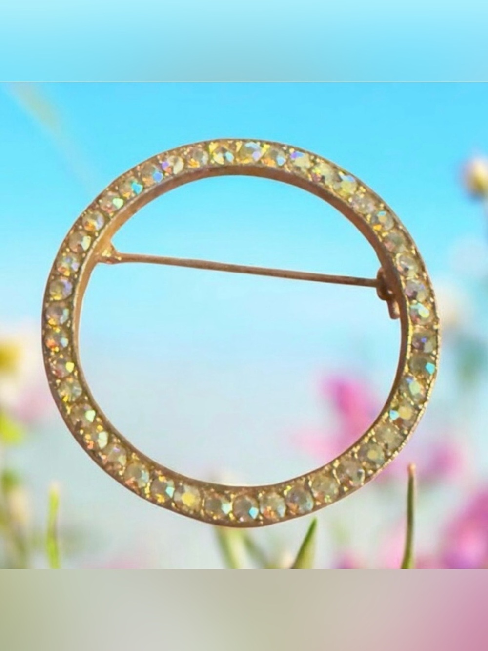 1950’s Vintage Aurora Borealis Round Rhinestone Open Circle Brooch , 1.5”